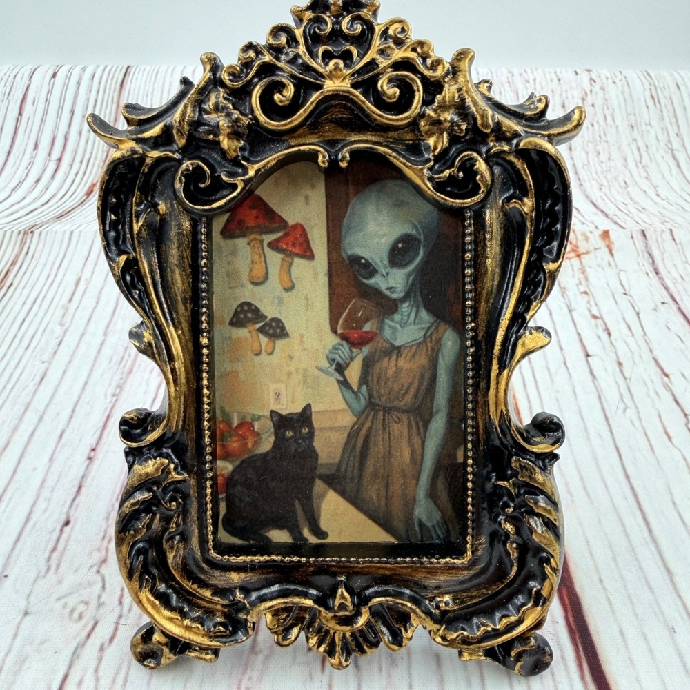 Gray Alien Drinking Wine with Black Cat Ornate Gold Black Resin Frame Art 5x4